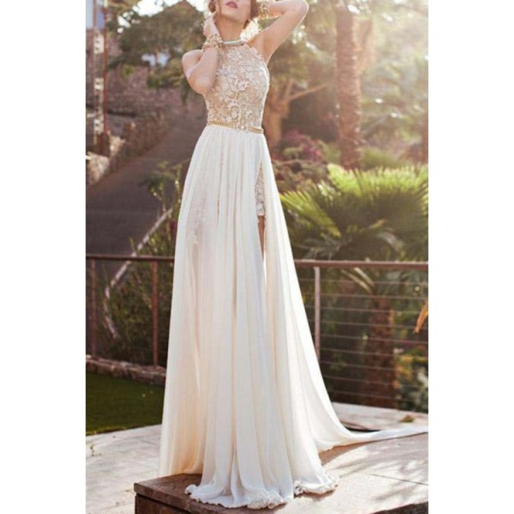 Elegant Halter Neck Sleeveless Backless High Slit